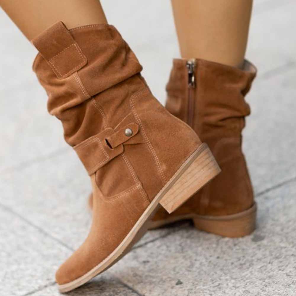 Women's Fashion Flat Heel Calf Boots Side Zipper Ankle Booties