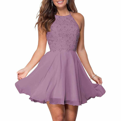 Women's Short Halter Homecoming Dress Knee Length Lace Prom Graduation Party Gown