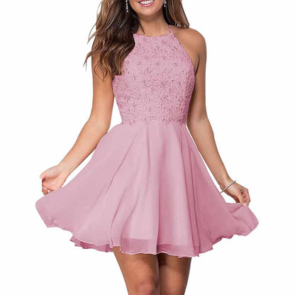 Women's Short Halter Homecoming Dress Knee Length Lace Prom Graduation Party Gown