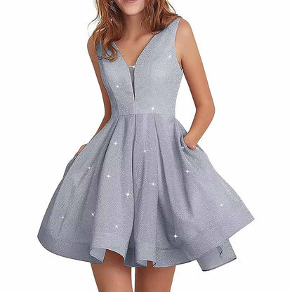 Juniors Homecoming Dress Glittery Short Sleeveless Party Prom Dresses Pockets Ball Gown