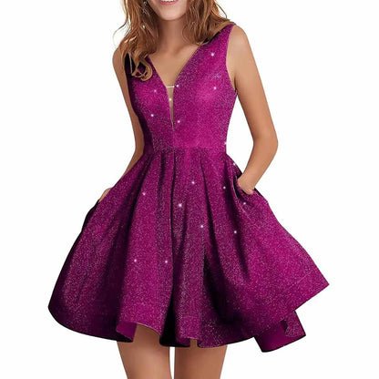 Juniors Homecoming Dress Glittery Short Sleeveless Party Prom Dresses Pockets Ball Gown