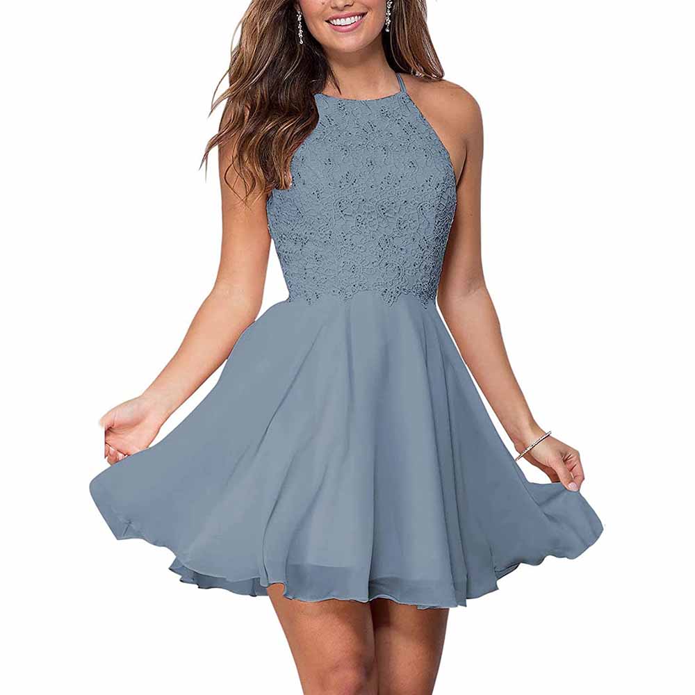 Women's Short Halter Homecoming Dress Knee Length Lace Prom Graduation Party Gown