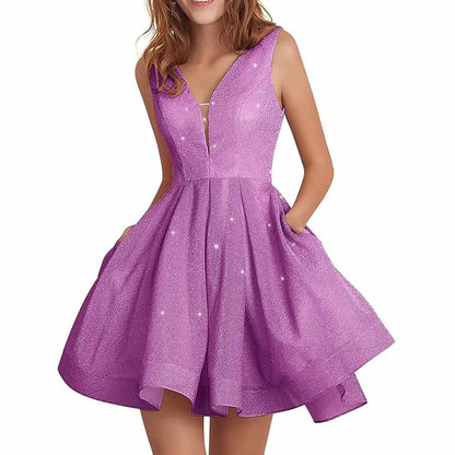 Juniors Homecoming Dress Glittery Short Sleeveless Party Prom Dresses Pockets Ball Gown