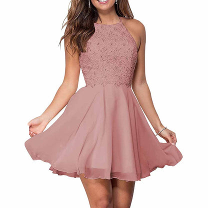 Women's Short Halter Homecoming Dress Knee Length Lace Prom Graduation Party Gown