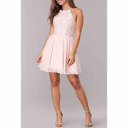 Women's Short Halter Homecoming Dress Knee Length Lace Prom Graduation Party Gown