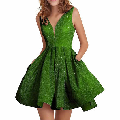 Juniors Homecoming Dress Glittery Short Sleeveless Party Prom Dresses Pockets Ball Gown