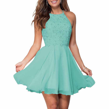 Women's Short Halter Homecoming Dress Knee Length Lace Prom Graduation Party Gown