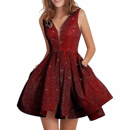 Juniors Homecoming Dress Glittery Short Sleeveless Party Prom Dresses Pockets Ball Gown