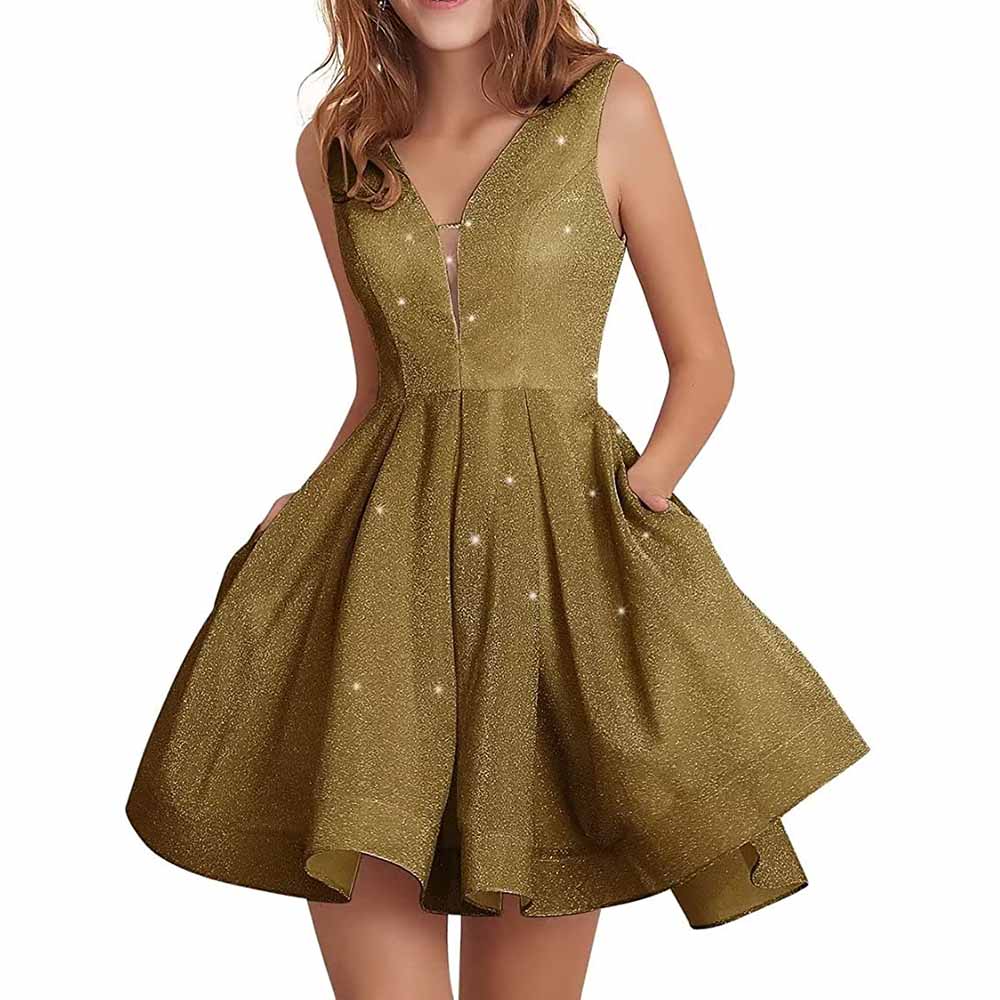 Juniors Homecoming Dress Glittery Short Sleeveless Party Prom Dresses Pockets Ball Gown