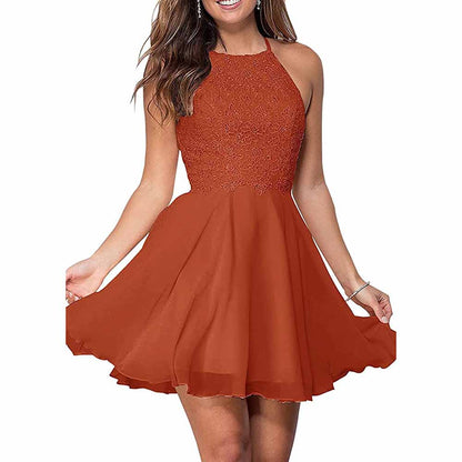 Women's Short Halter Homecoming Dress Knee Length Lace Prom Graduation Party Gown