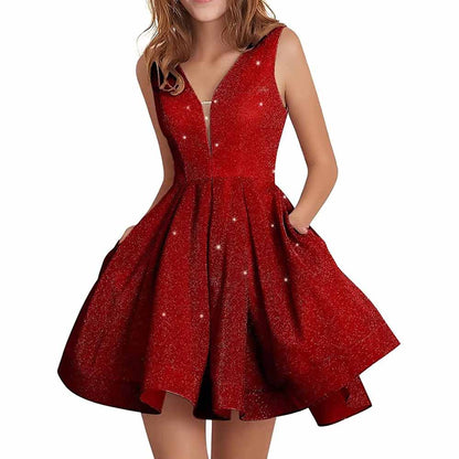 Juniors Homecoming Dress Glittery Short Sleeveless Party Prom Dresses Pockets Ball Gown