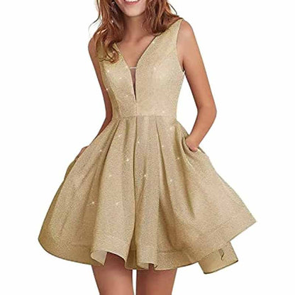 Juniors Homecoming Dress Glittery Short Sleeveless Party Prom Dresses Pockets Ball Gown