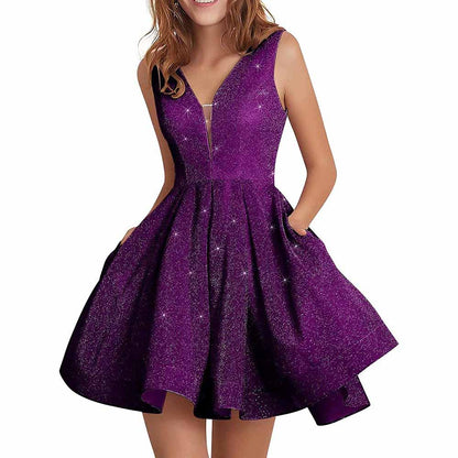 Juniors Homecoming Dress Glittery Short Sleeveless Party Prom Dresses Pockets Ball Gown