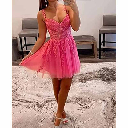 Lace Applique Fairy Homecoming Dresses Short Prom Party Dress Tulle Mini Dress