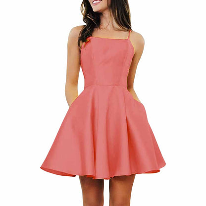 Women's Short Homecoming Dresses Pockets Backless Satin Prom Dress for Teens