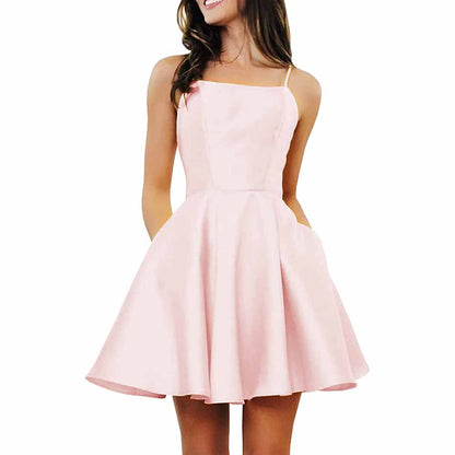 Women's Short Homecoming Dresses Pockets Backless Satin Prom Dress for Teens