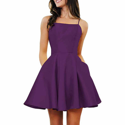 Women's Short Homecoming Dresses Pockets Backless Satin Prom Dress for Teens