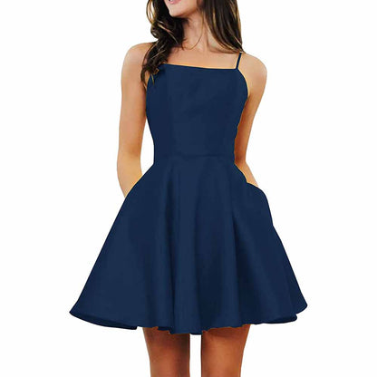 Women's Short Homecoming Dresses Pockets Backless Satin Prom Dress for Teens