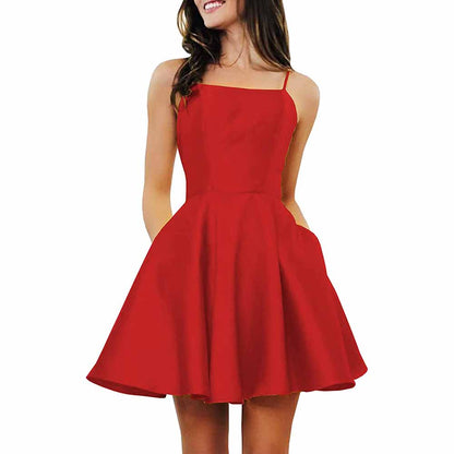 Women's Short Homecoming Dresses Pockets Backless Satin Prom Dress for Teens