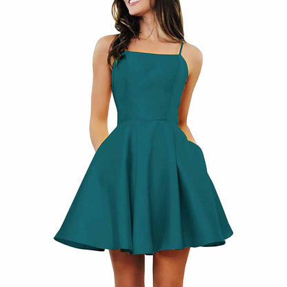 Women's Short Homecoming Dresses Pockets Backless Satin Prom Dress for Teens