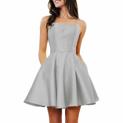 Women's Short Homecoming Dresses Pockets Backless Satin Prom Dress for Teens