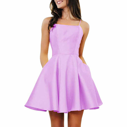 Women's Short Homecoming Dresses Pockets Backless Satin Prom Dress for Teens