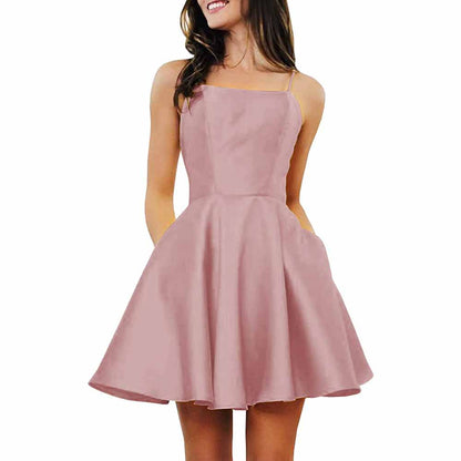 Women's Short Homecoming Dresses Pockets Backless Satin Prom Dress for Teens