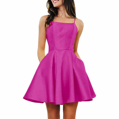 Women's Short Homecoming Dresses Pockets Backless Satin Prom Dress for Teens