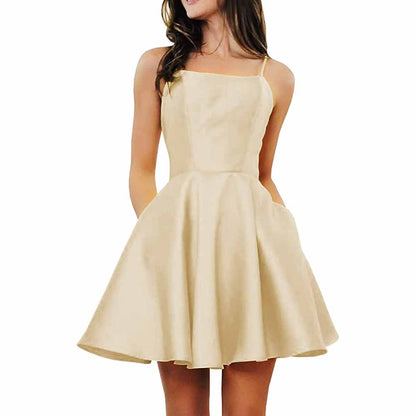 Women's Short Homecoming Dresses Pockets Backless Satin Prom Dress for Teens