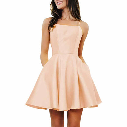 Women's Short Homecoming Dresses Pockets Backless Satin Prom Dress for Teens