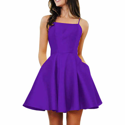 Women's Short Homecoming Dresses Pockets Backless Satin Prom Dress for Teens