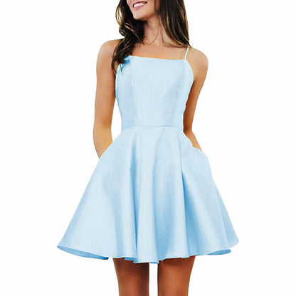 Women's Short Homecoming Dresses Pockets Backless Satin Prom Dress for Teens