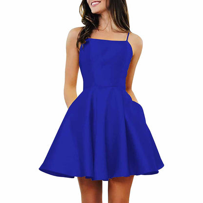 Women's Short Homecoming Dresses Pockets Backless Satin Prom Dress for Teens