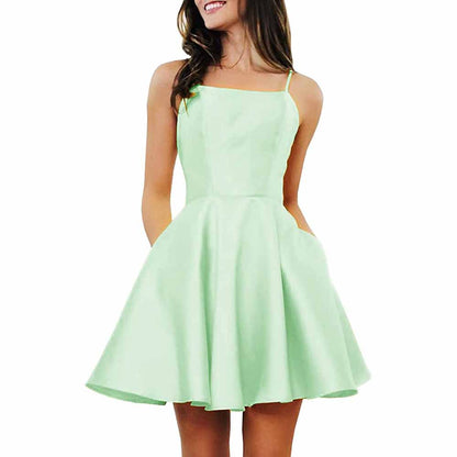 Women's Short Homecoming Dresses Pockets Backless Satin Prom Dress for Teens