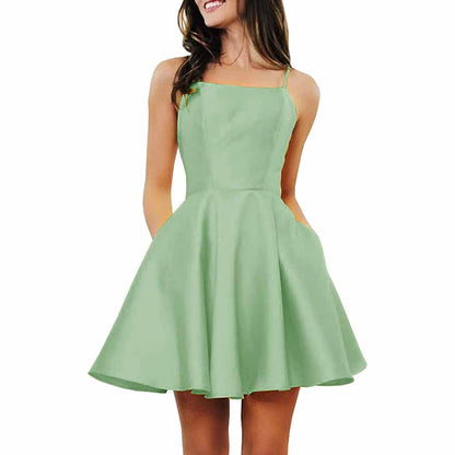 Women's Short Homecoming Dresses Pockets Backless Satin Prom Dress for Teens