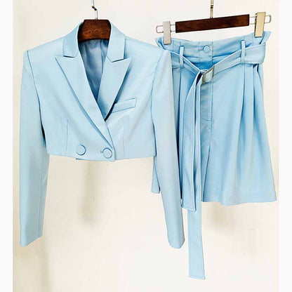 Women Long Sleeves Sky Blue Satin Short Blazer + Shorts Suit
