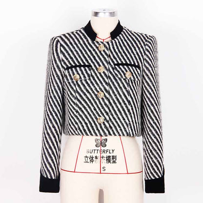 Women Luxury Stripe Fitted Blazer Golden Buttons Coat