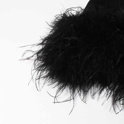 Long Sleeve Satin Feather-Trimmed Mini Dress Wrap Cocktail Dress