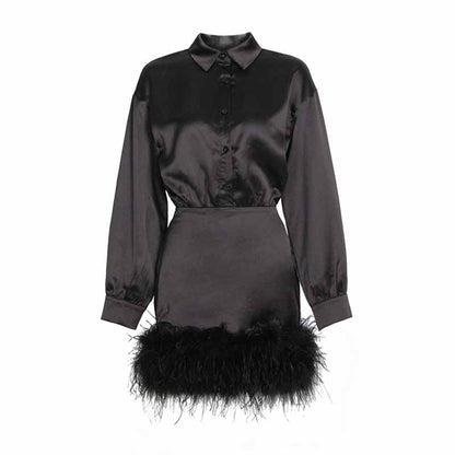 Long Sleeve Satin Feather-Trimmed Mini Dress Wrap Cocktail Dress