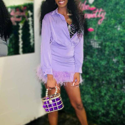 Long Sleeve Satin Feather-Trimmed Mini Dress Wrap Cocktail Dress