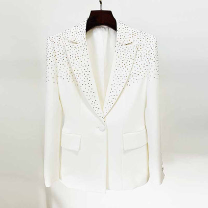 Women White Bling Bling Hot Drill Studs Fitted Blazer + Mini Skirt Suit White