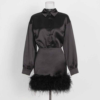 Long Sleeve Satin Feather-Trimmed Mini Dress Wrap Cocktail Dress