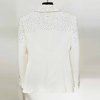 Women White Bling Bling Hot Drill Studs Fitted Blazer + Mini Skirt Suit White