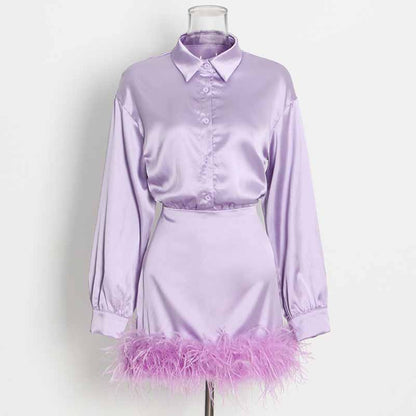 Long Sleeve Satin Feather-Trimmed Mini Dress Wrap Cocktail Dress