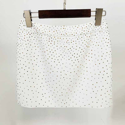 Women White Bling Bling Hot Drill Studs Fitted Blazer + Mini Skirt Suit White
