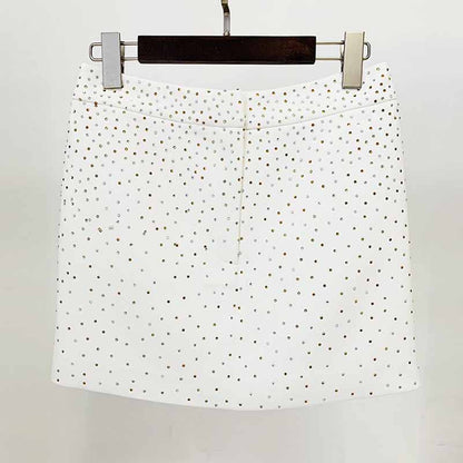 Women White Bling Bling Hot Drill Studs Fitted Blazer + Mini Skirt Suit White