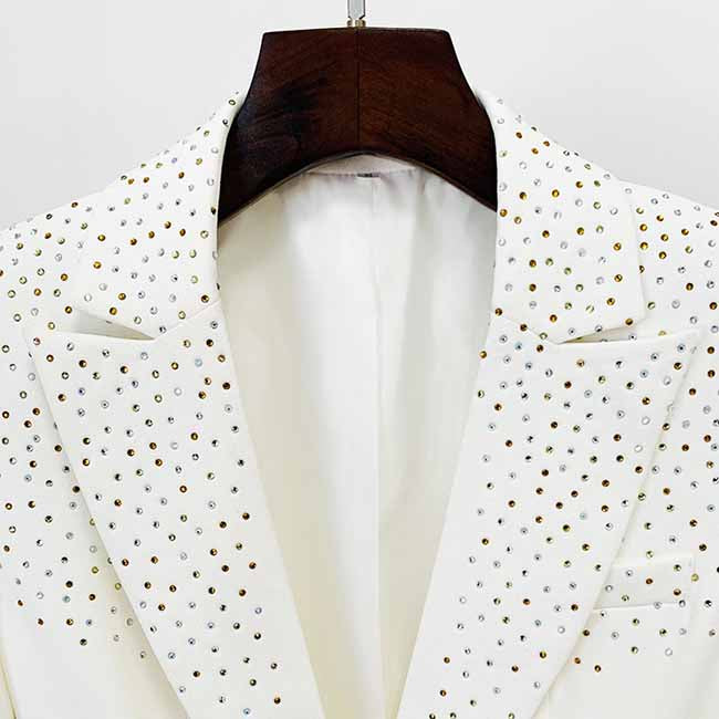 Women White Bling Bling Hot Drill Studs Fitted Blazer + Mini Skirt Suit White