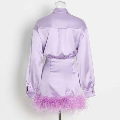 Long Sleeve Satin Feather-Trimmed Mini Dress Wrap Cocktail Dress