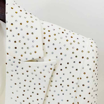 Women White Bling Bling Hot Drill Studs Fitted Blazer + Mini Skirt Suit White