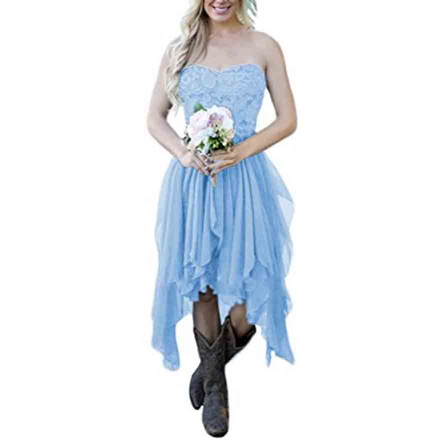 Country High Low Chiffon Lace Beach Wedding Guest Bridesmaid Dress